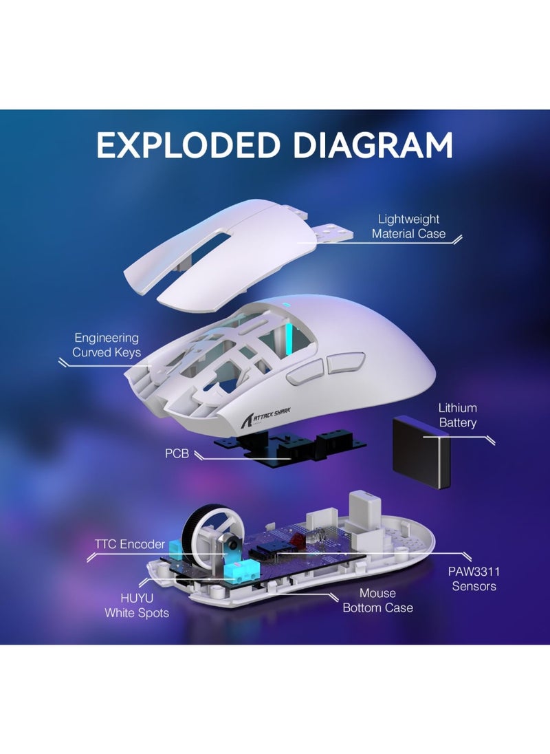 ماوس العاب لاسلكي خفيف الوزن X11 من Attack Shark مع قاعدة شحن RGB، وضع ثلاثي 2.4G/USB-C سلكي/بلوتوث، 22K DPI، مستشعر بصري PAW3311، مفتاح هويو، 5 ازرار قابلة للبرمجة للكمبيوتر/ماك (ابيض)