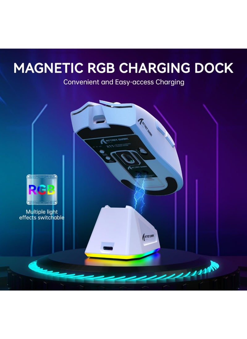 ماوس العاب لاسلكي خفيف الوزن X11 من Attack Shark مع قاعدة شحن RGB، وضع ثلاثي 2.4G/USB-C سلكي/بلوتوث، 22K DPI، مستشعر بصري PAW3311، مفتاح هويو، 5 ازرار قابلة للبرمجة للكمبيوتر/ماك (ابيض)