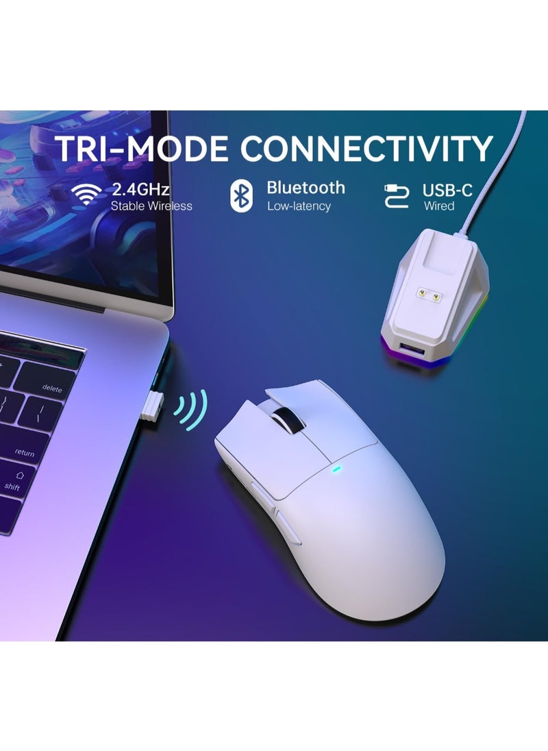ماوس العاب لاسلكي خفيف الوزن X11 من Attack Shark مع قاعدة شحن RGB، وضع ثلاثي 2.4G/USB-C سلكي/بلوتوث، 22K DPI، مستشعر بصري PAW3311، مفتاح هويو، 5 ازرار قابلة للبرمجة للكمبيوتر/ماك (ابيض)