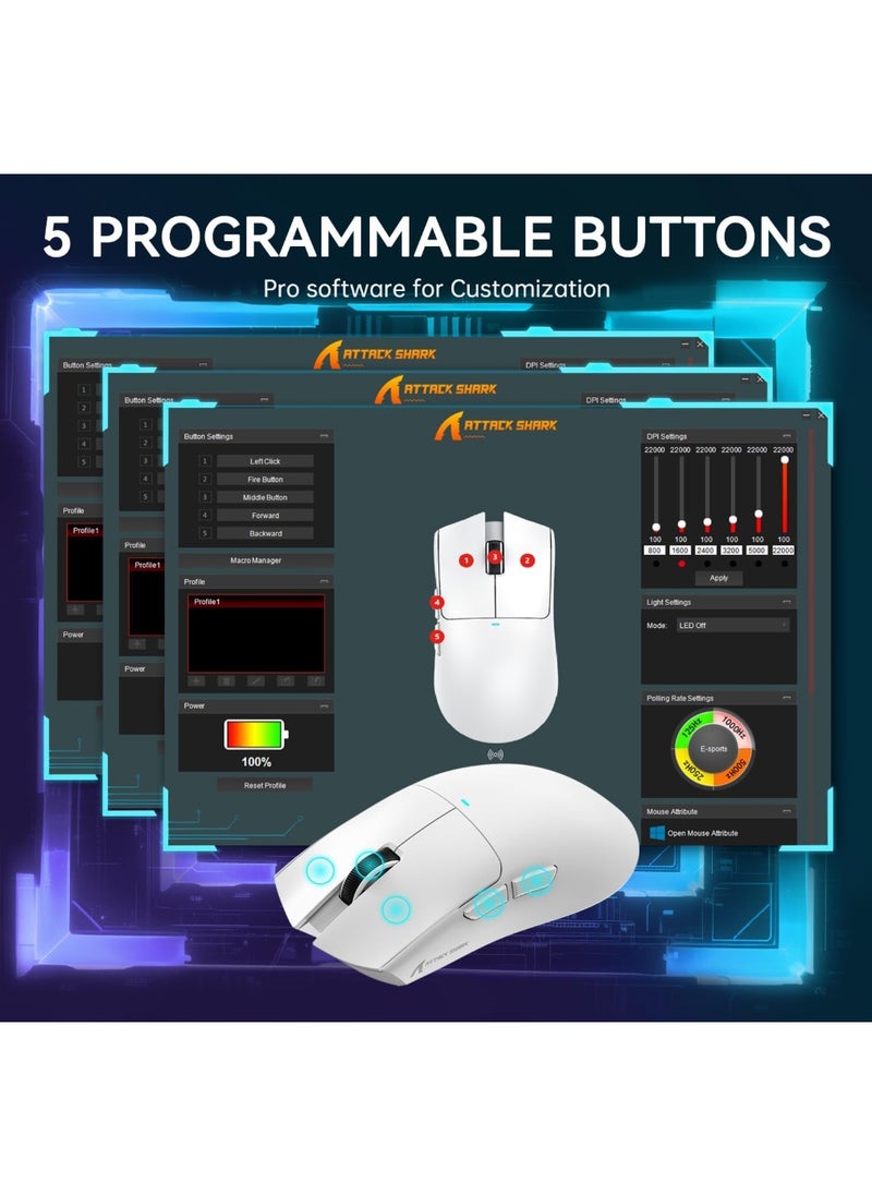 ماوس العاب لاسلكي خفيف الوزن X11 من Attack Shark مع قاعدة شحن RGB، وضع ثلاثي 2.4G/USB-C سلكي/بلوتوث، 22K DPI، مستشعر بصري PAW3311، مفتاح هويو، 5 ازرار قابلة للبرمجة للكمبيوتر/ماك (ابيض)
