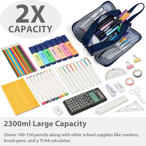 SPACEMATE Pencil Case Pouch Box Bag School Supplies Girls Boys Kids, Cute Preppy Stuff Big Capacity Aesthetic Pen Organizer, Back to College Stationary, Navy Blue, Extra Large Style, 2300ml - Image 2