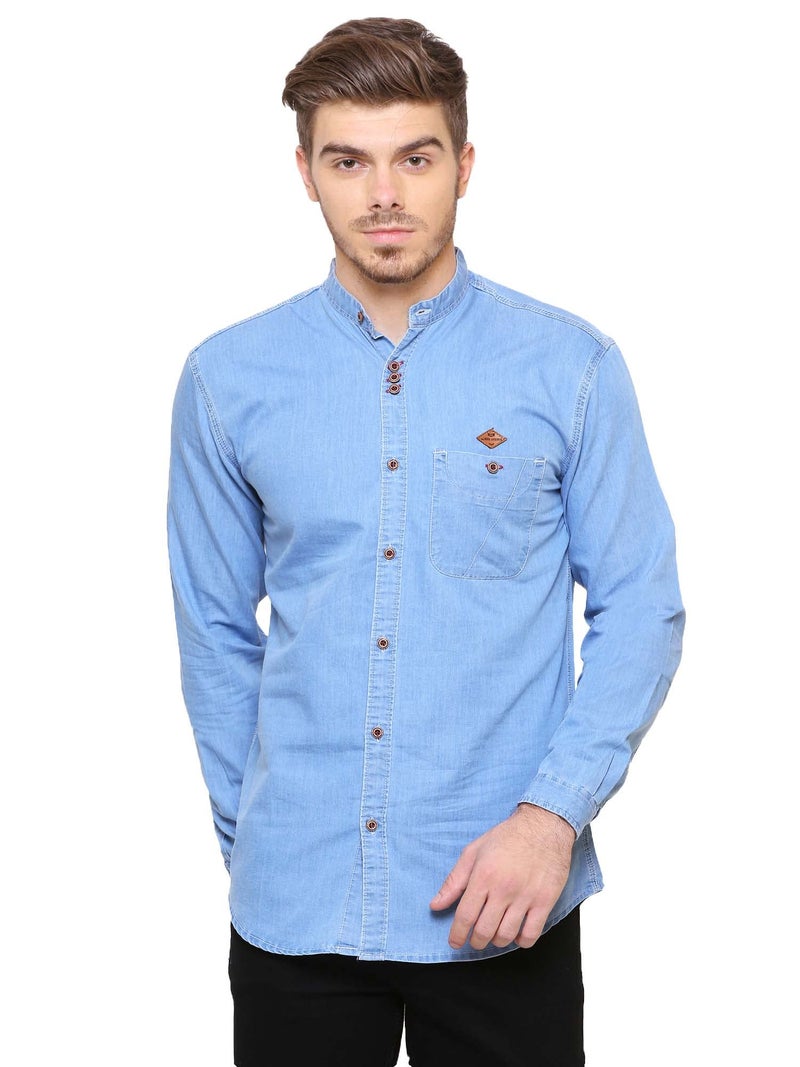 Kuons Avenue Men's Icewash Mandarin Collar Denim Casual Shirt | Chinese Collar Shirts for Men (KACLFS1171N-XXL_Icewash_XX-Large) - Image 1
