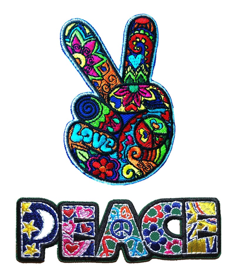 PatchClub 2 pcs Set Peace Hand Sign  Peace Letters Patches  Iron OnSew On  Retro Hippie Patches Cute Applique for Jackets Jeans Clothes Backpacks Tote Bags 