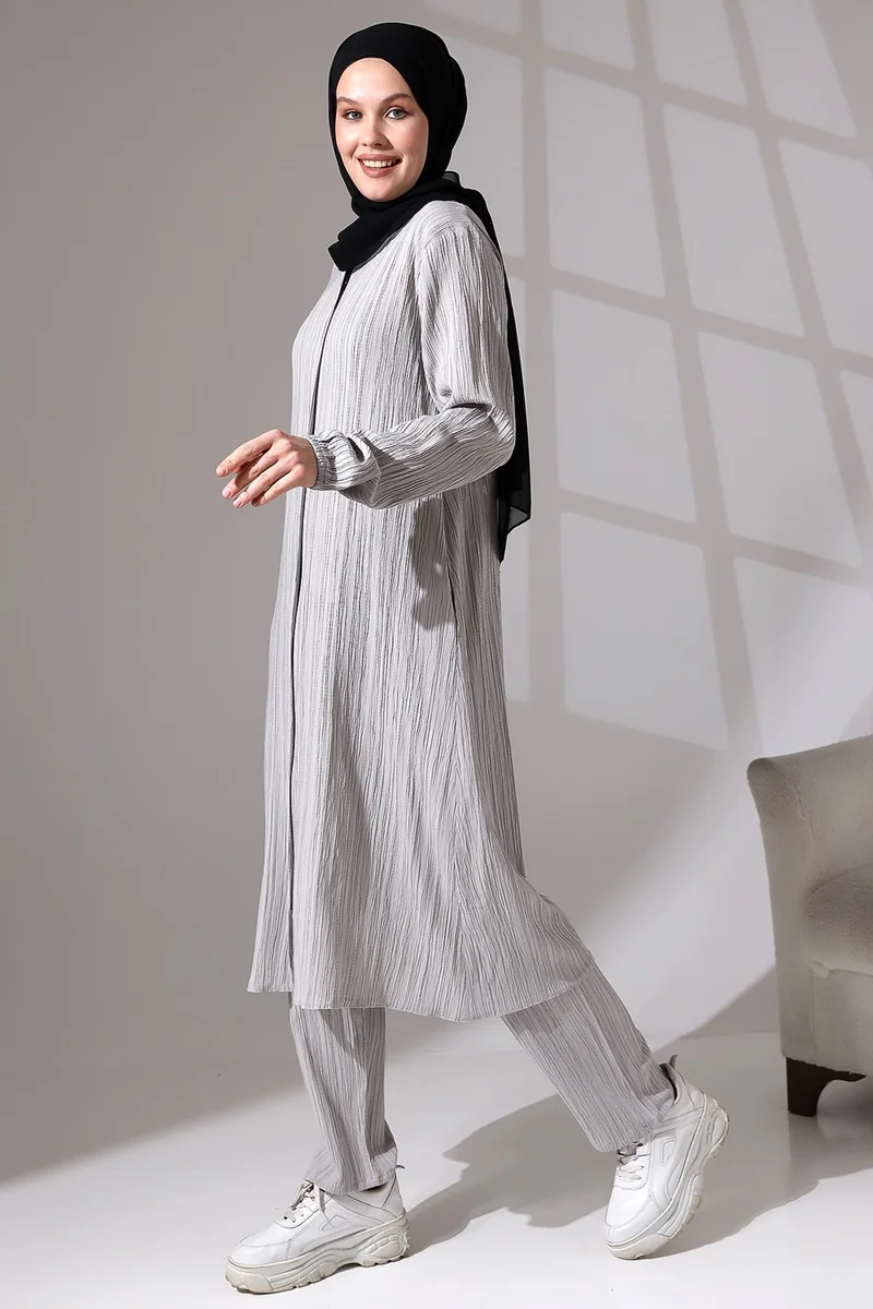 İhvan Ikhvan Women's Wrapped Fabric Hidden Zipper Double Set Hajj Umrah Outfit Gray