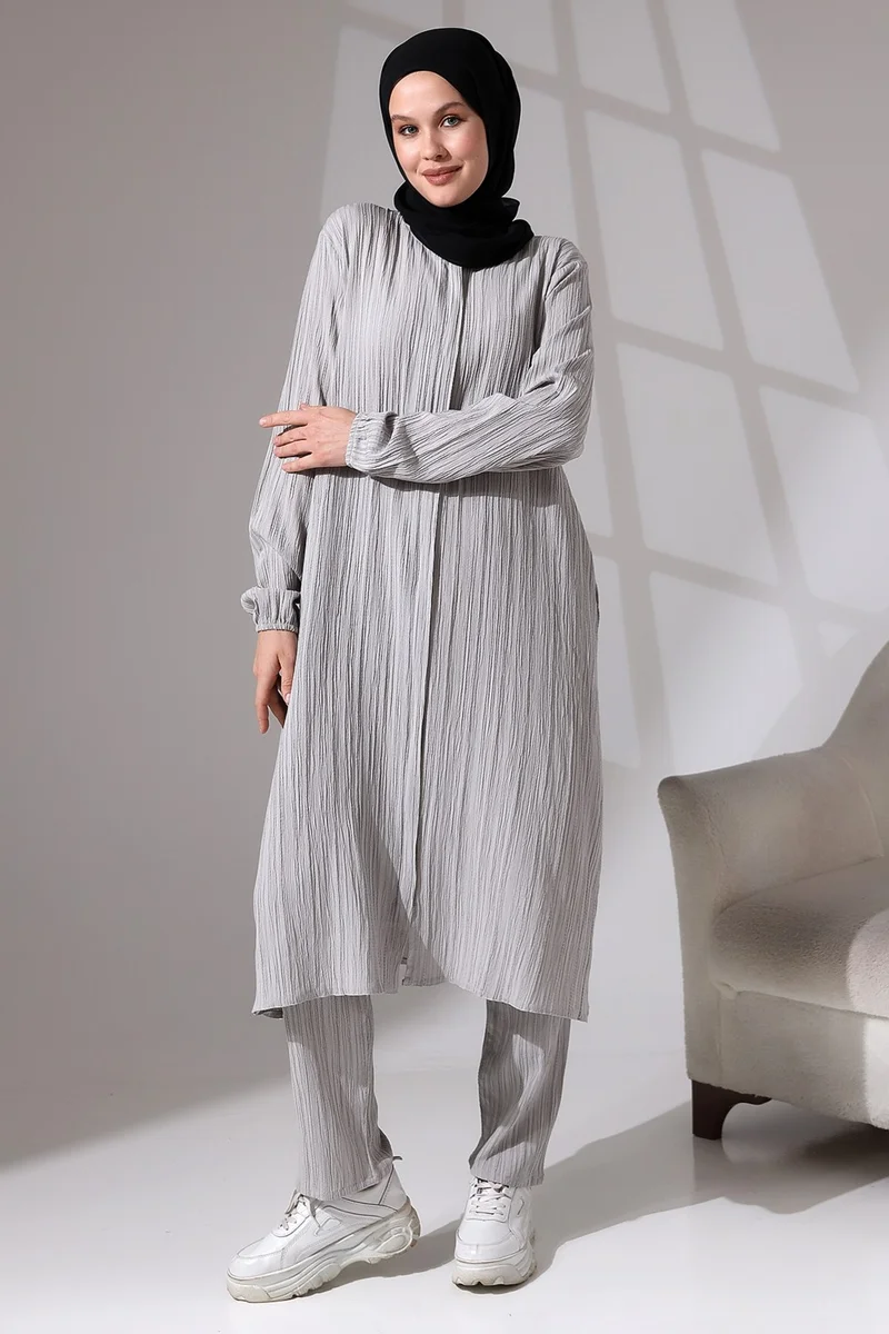İhvan Ikhvan Women's Wrapped Fabric Hidden Zipper Double Set Hajj Umrah Outfit Gray