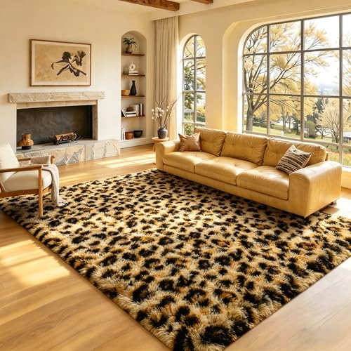 BENRON Fluffy Leopard Rugs, Black and Yellow, 4x6 Soft Rugs for Bedroom Living Room, Wild Cheetah Print Carpets Room Decor for Girls Women, Washable - Image 1