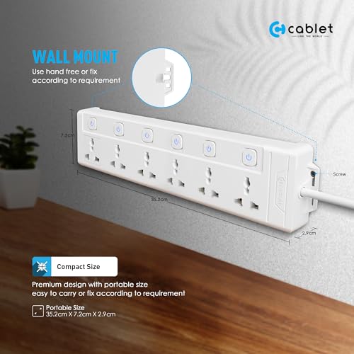 Cablet 250 Volts 6 Way Extension Board - 6 Universal Socket + 6 Switch, 10A and 2500W - 1.8m Heavy Duty Cable - White, Medium (6060-18) - Image 5