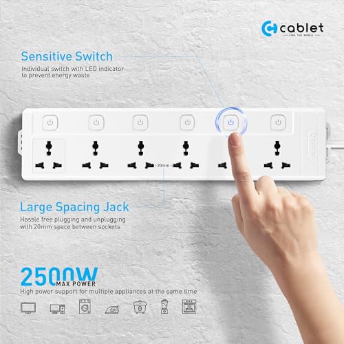 Cablet 250 Volts 6 Way Extension Board - 6 Universal Socket + 6 Switch, 10A and 2500W - 1.8m Heavy Duty Cable - White, Medium (6060-18) - Image 2