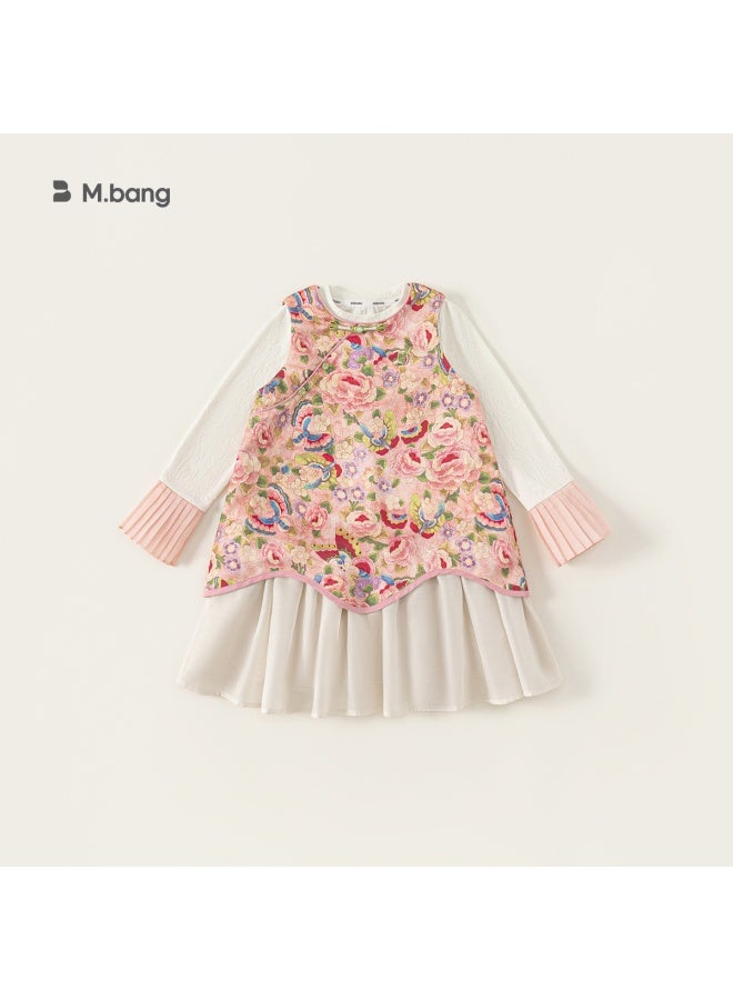 Youbao Girls' Clothing Set Round Neck Patchwork T-shirt Ancient Style Sleeveless Dress Children's Two-piece Set Ethnic Clothing