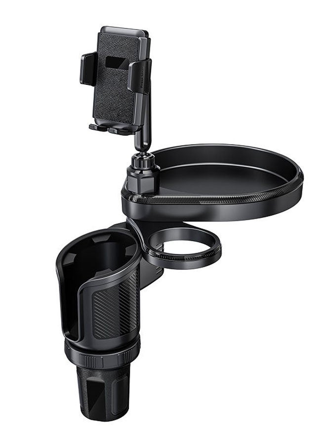 سوبر زي يوث حامل أكواب للسيارة 4 في 1، صينية طاولة طعام قابلة للتعديل للسيارة مع حامل هاتف يدور 360 درجة، حامل أكواب مشروبات إضافي، 4 قواعد قابلة للتوسيع من أجل الثبات، أساسيات السفر على الطريق والسيارة - Image 1