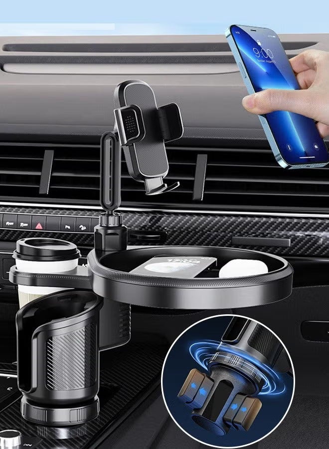 سوبر زي يوث حامل أكواب للسيارة 4 في 1، صينية طاولة طعام قابلة للتعديل للسيارة مع حامل هاتف يدور 360 درجة، حامل أكواب مشروبات إضافي، 4 قواعد قابلة للتوسيع من أجل الثبات، أساسيات السفر على الطريق والسيارة - Image 3