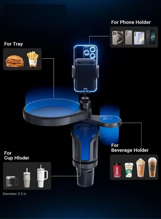 سوبر زي يوث حامل أكواب للسيارة 4 في 1، صينية طاولة طعام قابلة للتعديل للسيارة مع حامل هاتف يدور 360 درجة، حامل أكواب مشروبات إضافي، 4 قواعد قابلة للتوسيع من أجل الثبات، أساسيات السفر على الطريق والسيارة - Image 5