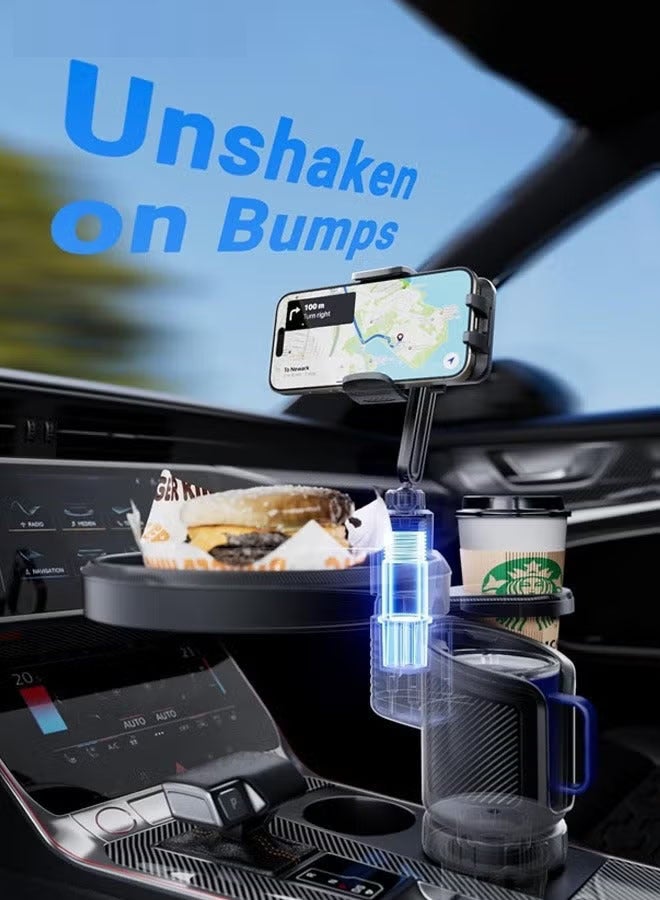 سوبر زي يوث حامل أكواب للسيارة 4 في 1، صينية طاولة طعام قابلة للتعديل للسيارة مع حامل هاتف يدور 360 درجة، حامل أكواب مشروبات إضافي، 4 قواعد قابلة للتوسيع من أجل الثبات، أساسيات السفر على الطريق والسيارة - Image 2