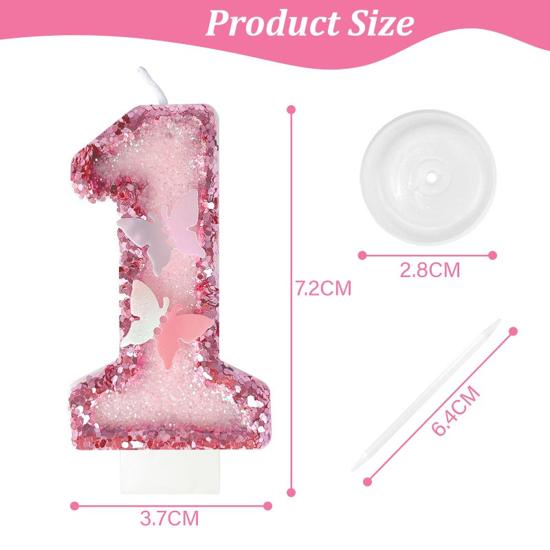 JonesLi 1st Birthday Candlesï¼ŒGlitter Butterfly Cake Toppers Pink Sequins Wedding Numeral Cupcake Decorationsï¼ŒSuitable for Girl and boy Wedding Cakes, Party Celebrations, Birthday Decorations - Image 2