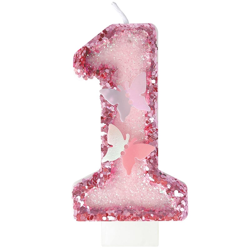 JonesLi 1st Birthday Candlesï¼ŒGlitter Butterfly Cake Toppers Pink Sequins Wedding Numeral Cupcake Decorationsï¼ŒSuitable for Girl and boy Wedding Cakes, Party Celebrations, Birthday Decorations - Image 1