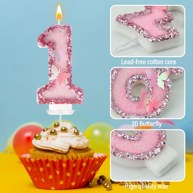 JonesLi 1st Birthday Candlesï¼ŒGlitter Butterfly Cake Toppers Pink Sequins Wedding Numeral Cupcake Decorationsï¼ŒSuitable for Girl and boy Wedding Cakes, Party Celebrations, Birthday Decorations - Image 3