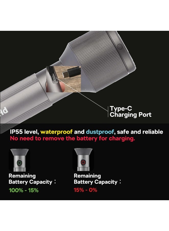 Philips Rechargeable LED Flashlight Torch Pack of 4 | 1100 Lumens Brightness | 950m Beam Range | Adjustable Zoom Focus | 3000mAh Battery | USB Type-C Charging | Water Resistant | SFL2143C4 grey - Image 5