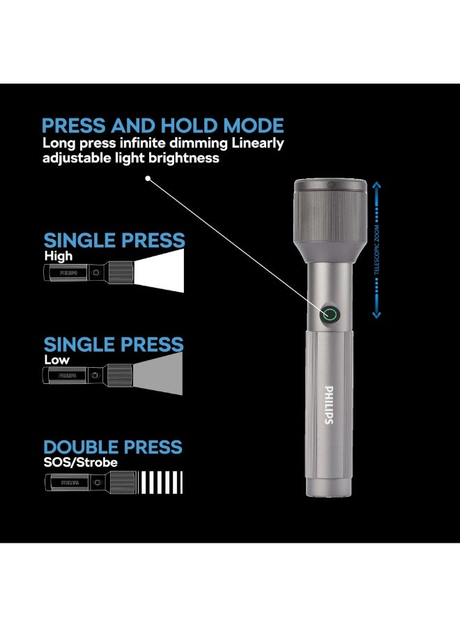 Philips Rechargeable LED Flashlight Torch Pack of 4 | 1100 Lumens Brightness | 950m Beam Range | Adjustable Zoom Focus | 3000mAh Battery | USB Type-C Charging | Water Resistant | SFL2143C4 grey - Image 4