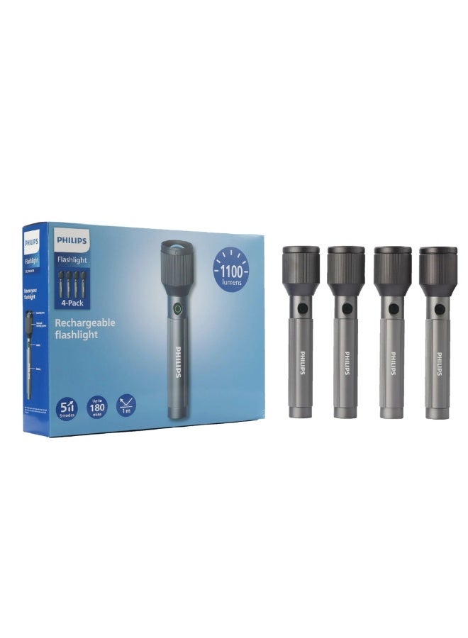 Philips Rechargeable LED Flashlight Torch Pack of 4 | 1100 Lumens Brightness | 950m Beam Range | Adjustable Zoom Focus | 3000mAh Battery | USB Type-C Charging | Water Resistant | SFL2143C4 grey - Image 1