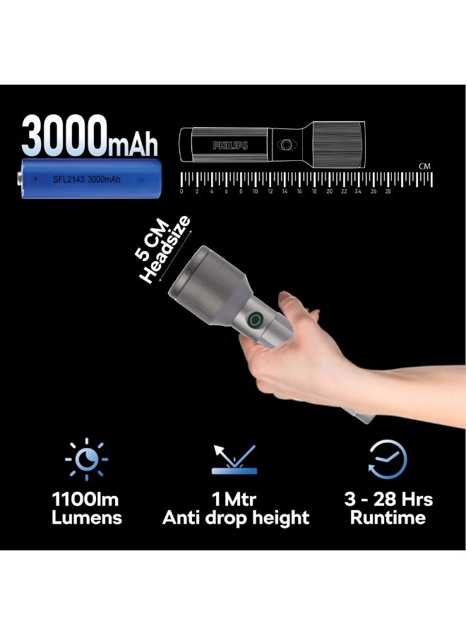 Philips Rechargeable LED Flashlight Torch Pack of 4 | 1100 Lumens Brightness | 950m Beam Range | Adjustable Zoom Focus | 3000mAh Battery | USB Type-C Charging | Water Resistant | SFL2143C4 grey - Image 3