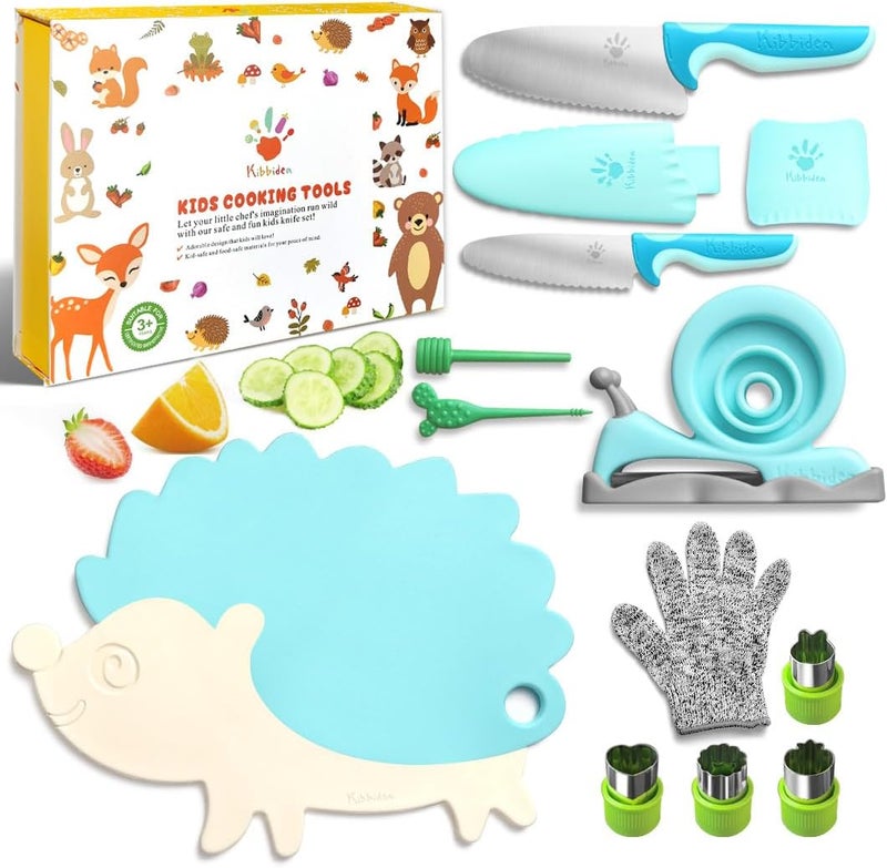 Kibbidea 13 Pcs Kids Kitchen Knife Set, Kids Cooking Sets Real With Cutting Board, Peeler, Serrated Edges Stainless Steel Toddler Safe Knife, Sandwich Cutter (Blue) - Image 1