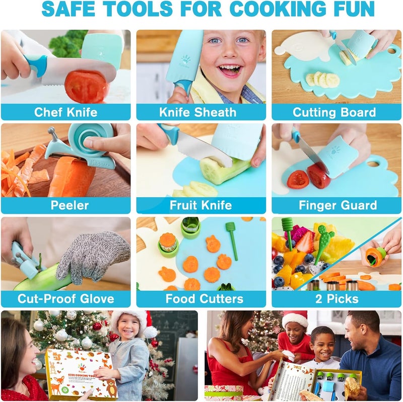 Kibbidea 13 Pcs Kids Kitchen Knife Set, Kids Cooking Sets Real With Cutting Board, Peeler, Serrated Edges Stainless Steel Toddler Safe Knife, Sandwich Cutter (Blue) - Image 2