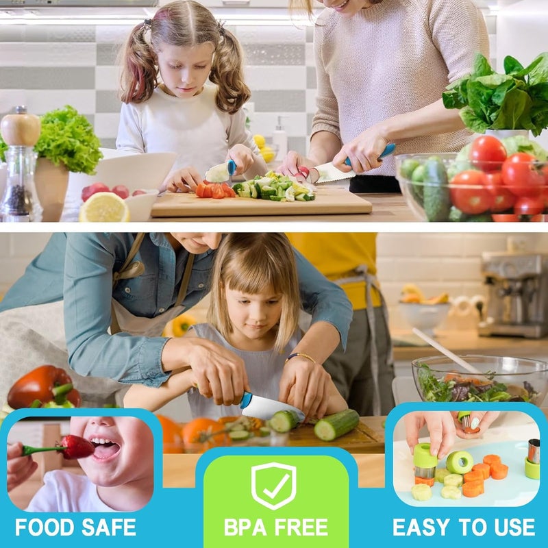 Kibbidea 13 Pcs Kids Kitchen Knife Set, Kids Cooking Sets Real With Cutting Board, Peeler, Serrated Edges Stainless Steel Toddler Safe Knife, Sandwich Cutter (Blue) - Image 3