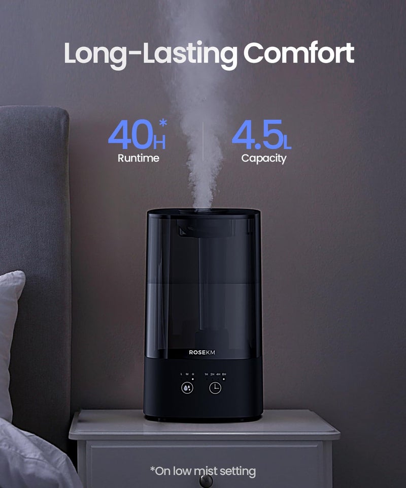 ROSEKM 4.5L Humidifiers for Bedroom, Humidifiers for Home Large Room, Cool Mist Humidfiers for Baby and Plant with Timer, Adjustable Mist Level, 360° Nozzle, Auto Shut-Off, Black - Image 2