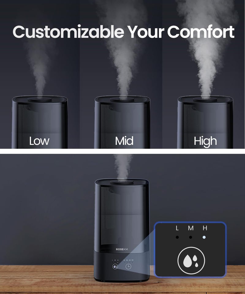 ROSEKM 4.5L Humidifiers for Bedroom, Humidifiers for Home Large Room, Cool Mist Humidfiers for Baby and Plant with Timer, Adjustable Mist Level, 360° Nozzle, Auto Shut-Off, Black - Image 5