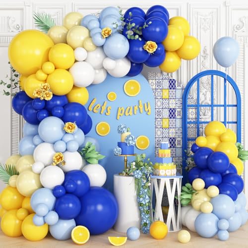 Vibzox Blue Yellow Lemon Balloon Garland Arch KitRoyal Blue Yellow White Balloons for Summer Baby Shower Bridal Wedding Graduation Birthday Lemonade Theme Party Decorations - Image 1