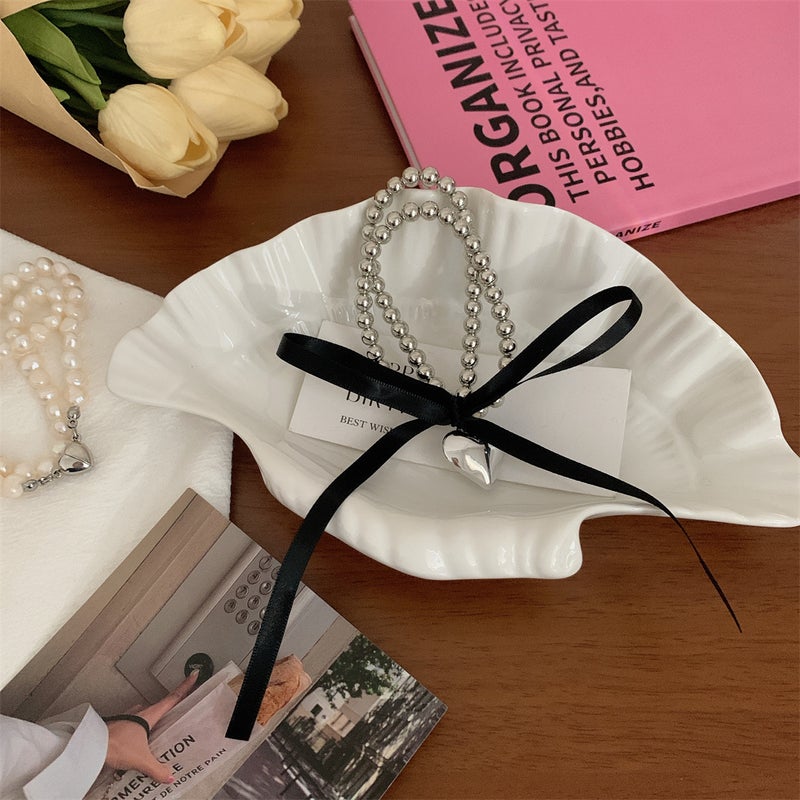 Loquat French Vintage Pearl Bow Hair Tie Elastic 2# Black