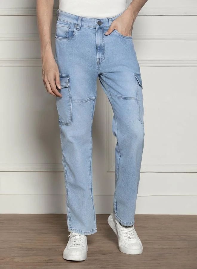 دينيس لينغو Men's Light Blue Cotton Blend Denim Full Length Relaxed Jeans