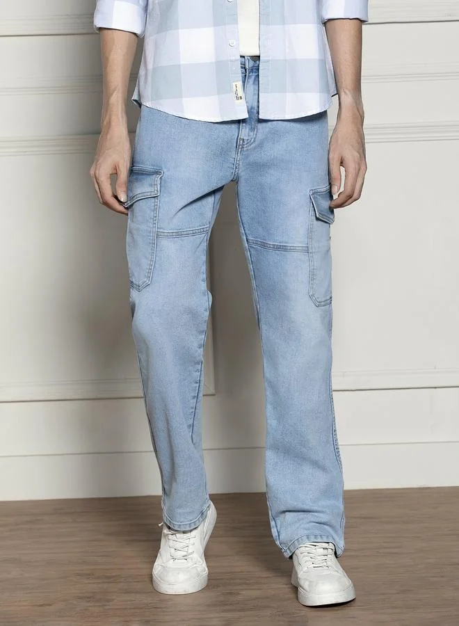 دينيس لينغو Men's Light Blue Cotton Blend Denim Full Length Relaxed Jeans