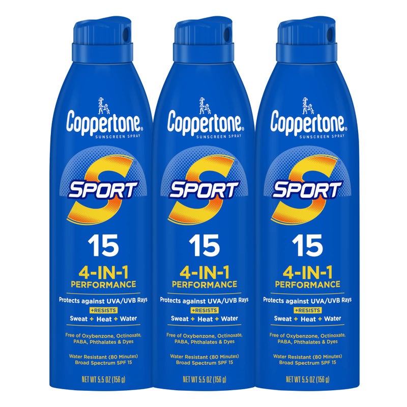 Coppertone Sport Sunscreen Spray, Broad Spectrum SPF 15 Water Resistant Spray Sunscreen, 5.5 Oz, Pack of 3 - Image 1
