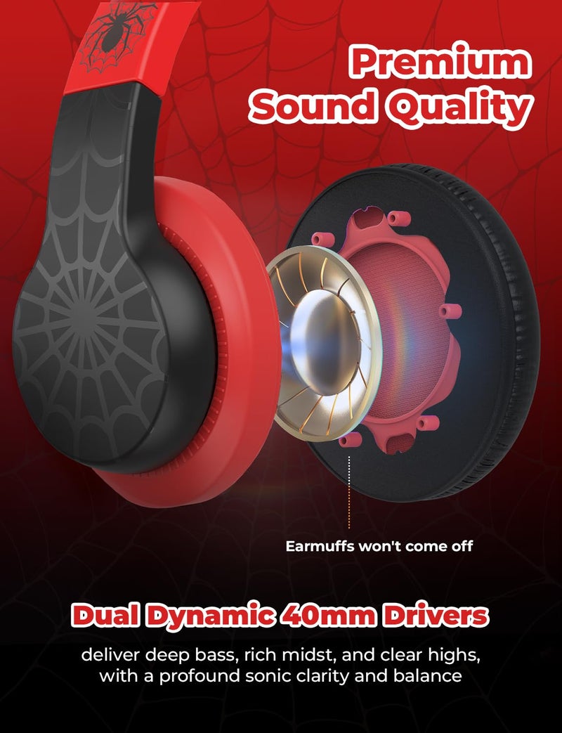 iClever HS19 Kids Headphones for School with Microphone, Safe Volume Limiter 74/85dBA, Over-Ear Girls Boys Headphones for Kids with FunShare Foldable Wired for iPad/Travel (Spider Black) - Image 4