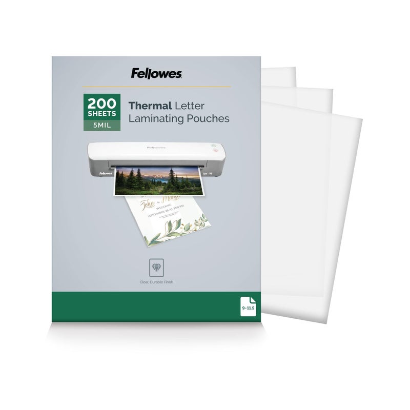 Fellowes Thermal Laminating Pouches, Letter Size Sheets, 5mil 200pk, Clear (5743601)