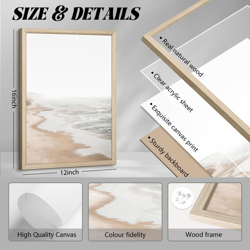 Joocrise Beach Wall Art Boho Prints Coastal Canvas Wall Art Beach Pictures Pampas Grass Ocean Poster Plant Landscape Beach Scene Artwork for Living Room Bedroom Decor 12x16x3 Inch Wood Framed - Image 2