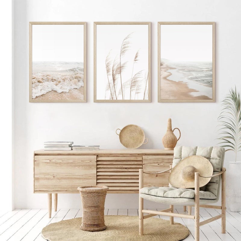 Joocrise Beach Wall Art Boho Prints Coastal Canvas Wall Art Beach Pictures Pampas Grass Ocean Poster Plant Landscape Beach Scene Artwork for Living Room Bedroom Decor 12x16x3 Inch Wood Framed - Image 5