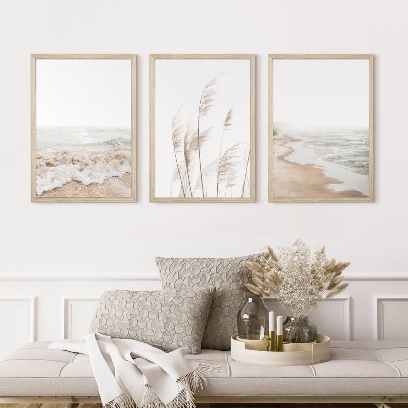 Joocrise Beach Wall Art Boho Prints Coastal Canvas Wall Art Beach Pictures Pampas Grass Ocean Poster Plant Landscape Beach Scene Artwork for Living Room Bedroom Decor 12x16x3 Inch Wood Framed - Image 3