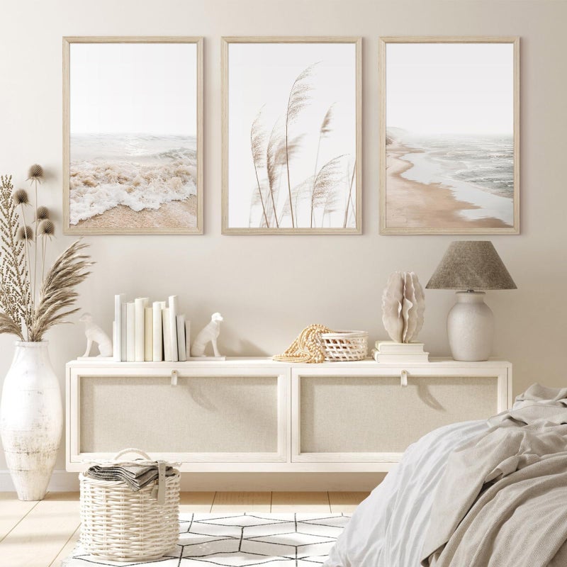 Joocrise Beach Wall Art Boho Prints Coastal Canvas Wall Art Beach Pictures Pampas Grass Ocean Poster Plant Landscape Beach Scene Artwork for Living Room Bedroom Decor 12x16x3 Inch Wood Framed - Image 4