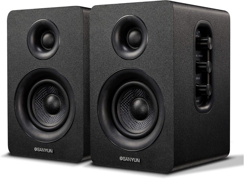 سانيون Sanyun SW208 مكبرات صوت نشطة بلوتوث 5.0 بحجم 3 بوصات للرف – وحدة مكبر صوت من ألياف الكربون بقدرة 60 واط - مدمج مع DAC 24 بت - صوت محيطي ديناميكي ثلاثي الأبعاد – مكبرات صوت لألعاب الكمبيوتر والشاشات 2.0 (زوج، أسود) - Image 1