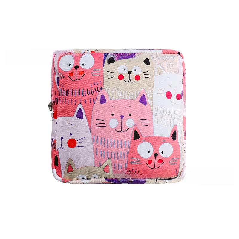 Cute Sanitary Pad Storage Bag Portable Waterproof Pink Kitten 