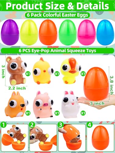 AMENON 6 Pack 38 Large Easter Eggs FilledSqueeze Animals with Popping Eyes Bunny Chick Easter Basket Stuffers Sensory Fidget Toys for Toddler Kids Easter Eggs Hunt Party Favors Gifts Classroom Prizes - Image 5