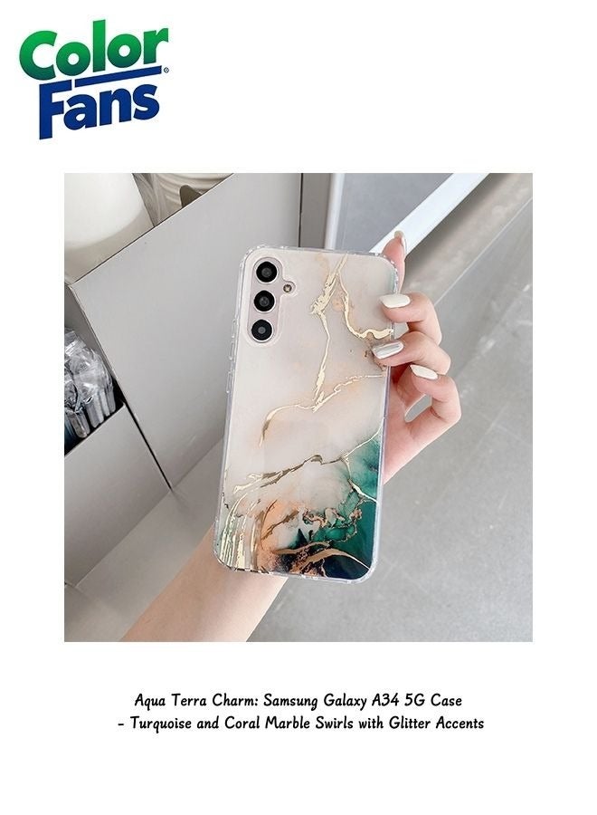 كولور فانس سحر أكوا تيرا: غطاء سامسونج جالاكسي A34 5G - دوامات من الرخام الفيروزي والمرجاني مع لمسات لامعة