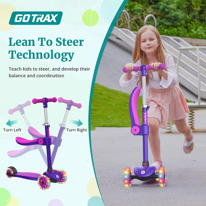 Gotrax KS3 Kids Kick Scooter, LED Lighted Wheels, Adjustable Height Handlebars and Removable Seat, Lean-to-Steer & Widen Anti-Slip Deck, 3 Wheel Scooter for kids Ages 2-8 and up to 100 Lbs (Purple) - Image 3