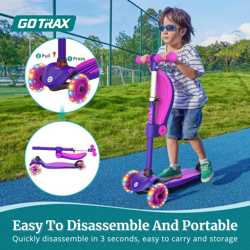 Gotrax KS3 Kids Kick Scooter, LED Lighted Wheels, Adjustable Height Handlebars and Removable Seat, Lean-to-Steer & Widen Anti-Slip Deck, 3 Wheel Scooter for kids Ages 2-8 and up to 100 Lbs (Purple) - Image 4
