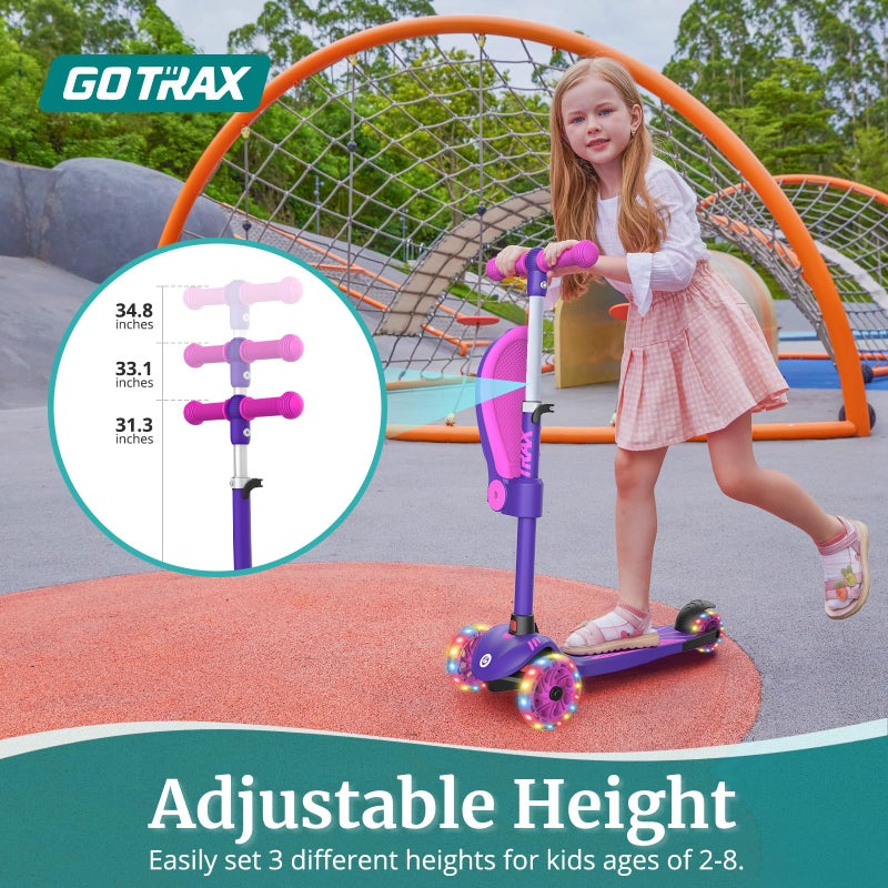 Gotrax KS3 Kids Kick Scooter, LED Lighted Wheels, Adjustable Height Handlebars and Removable Seat, Lean-to-Steer & Widen Anti-Slip Deck, 3 Wheel Scooter for kids Ages 2-8 and up to 100 Lbs (Purple) - Image 2