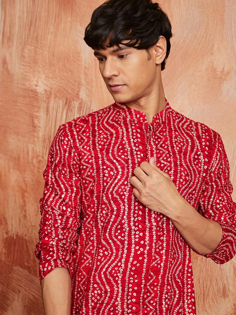 VASTRAMAY Men's Cotton Bandhani Printed Kurta – Stylish Ethnic Wear for Festive & Occasions Red - Image 5