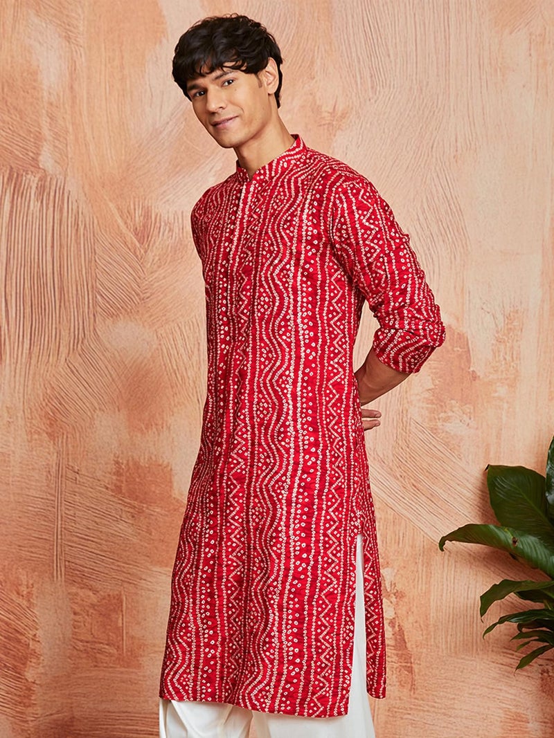 VASTRAMAY Men's Cotton Bandhani Printed Kurta – Stylish Ethnic Wear for Festive & Occasions Red - Image 3