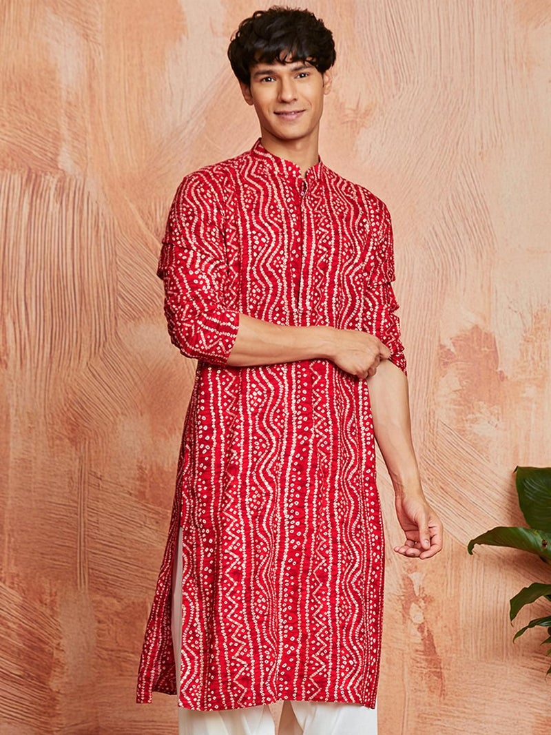 VASTRAMAY Men's Cotton Bandhani Printed Kurta – Stylish Ethnic Wear for Festive & Occasions Red - Image 2